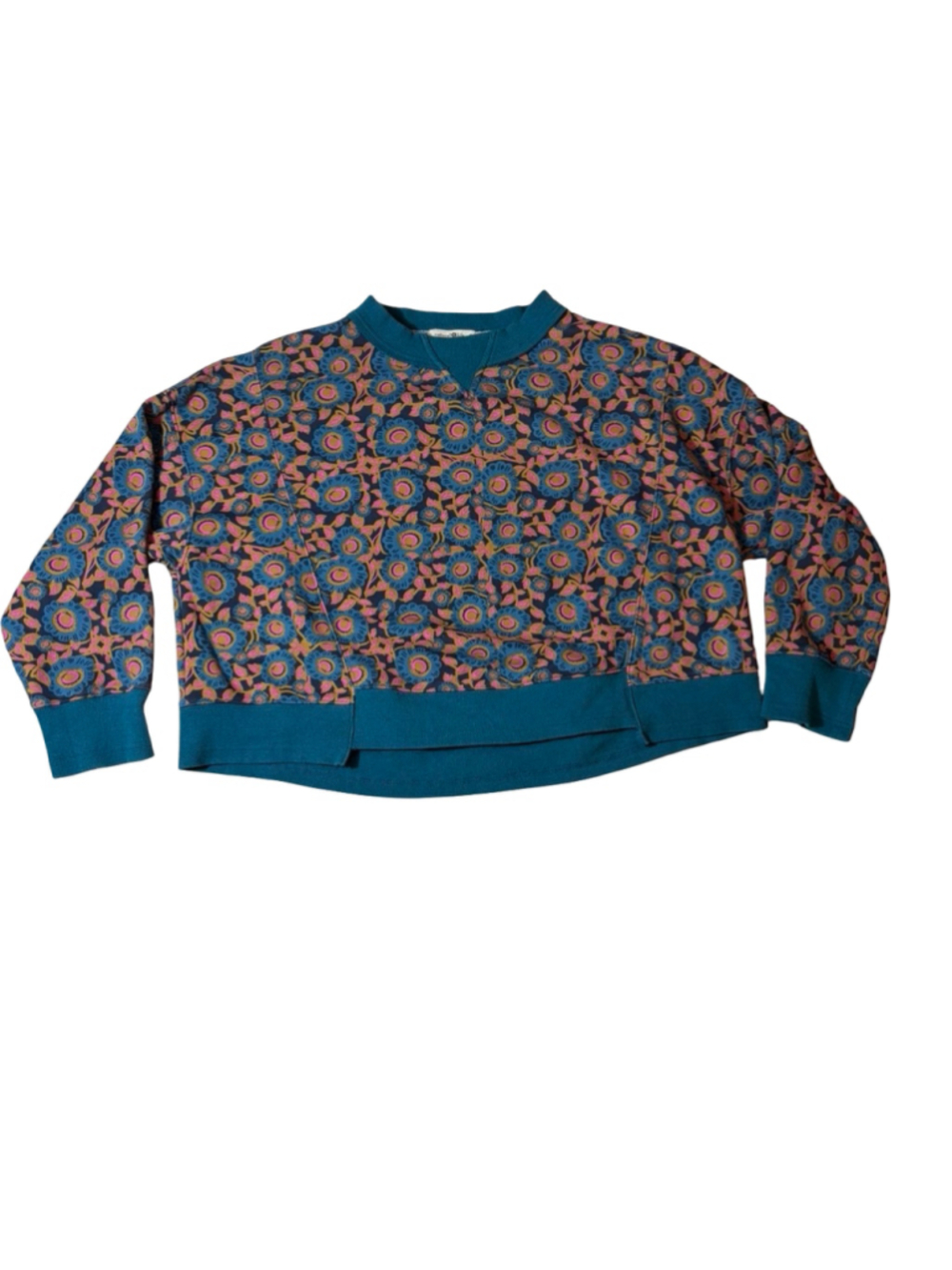 Natural Life Selah Teal Dahlia Floral Boxy Boho Sweatshirt Size S